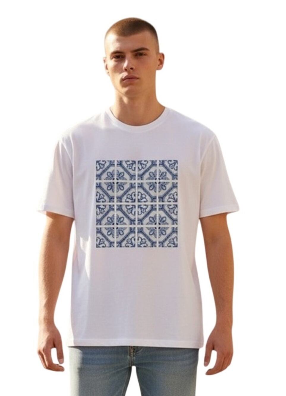 Murano White and Blue Graphic T-Shirt Portuguese tile inspired design Size L